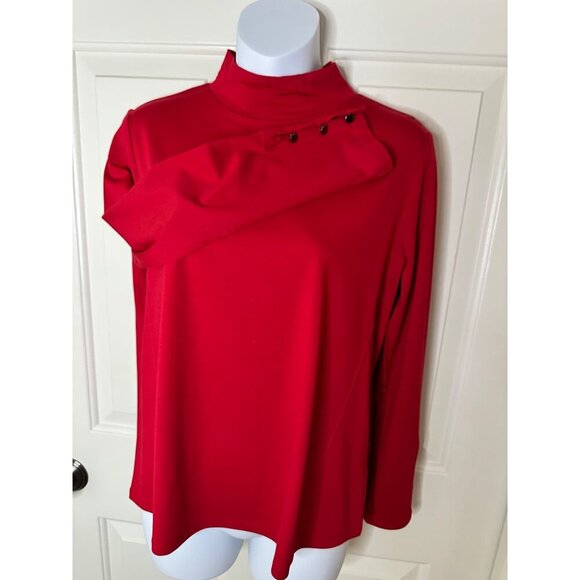 Mock Neck Red Long Sleeve Top With Button Accent On Shoulder Petite Medium Sleek - Picture 11 of 11